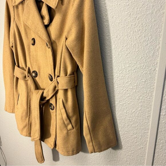 Me Jane Camel Pea Coat Wool Blend Size Medium With Belt - Picture 5 of 11
